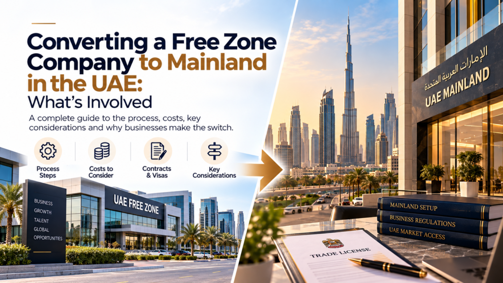 Convert Free Zone company to Mainland UAE guide covering process, costs, contracts, and visas.