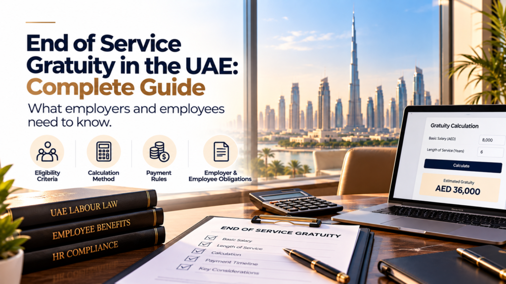 End of service gratuity UAE guide covering eligibility, calculation methods, payment rules, and employee benefits.
